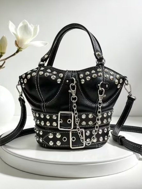 Handbags - Black Studded Shoulder Bag with Chain Accent